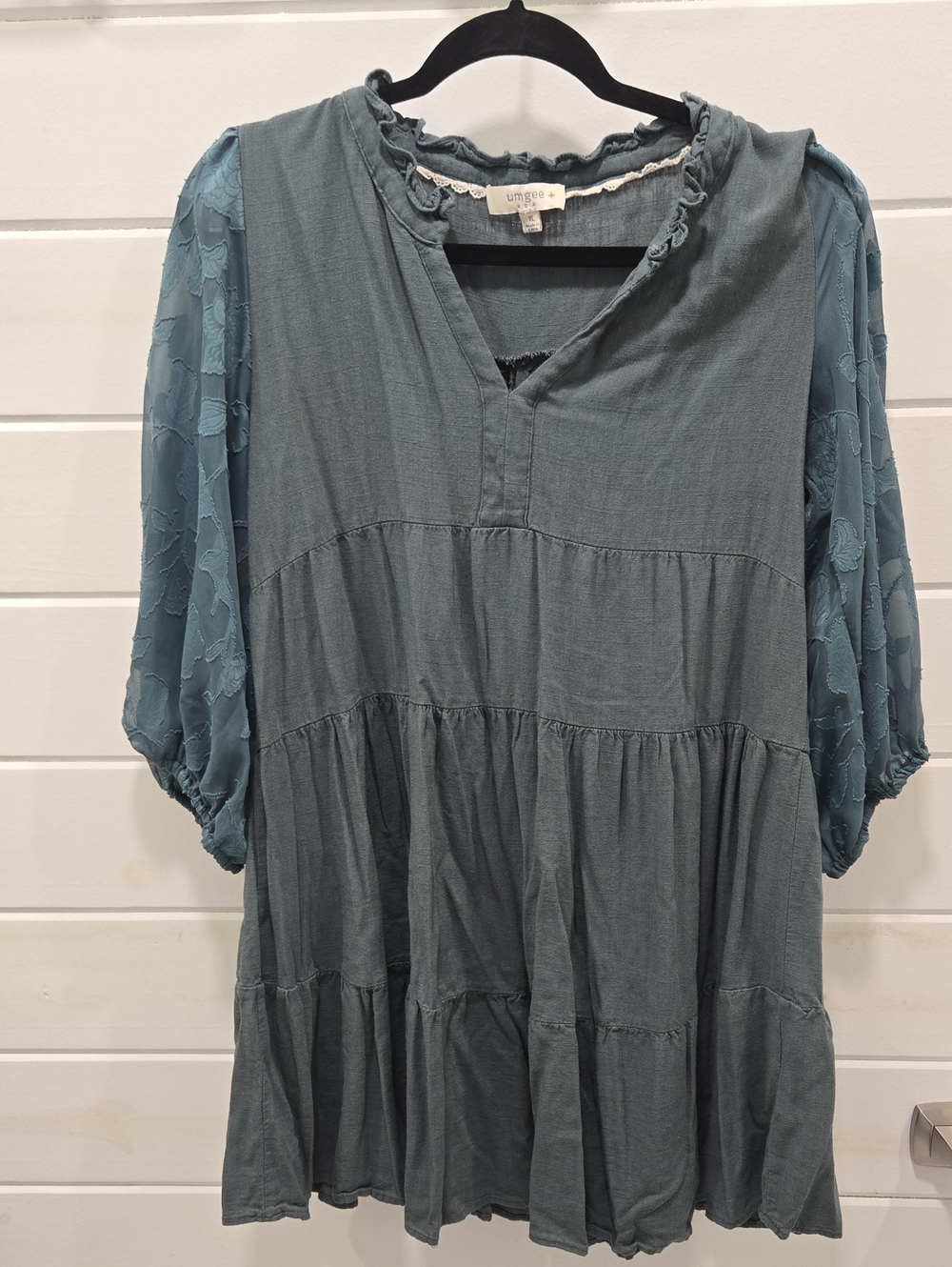 Umgee Slate Teal Tiered Tunic with Sheer Puff Sleeves